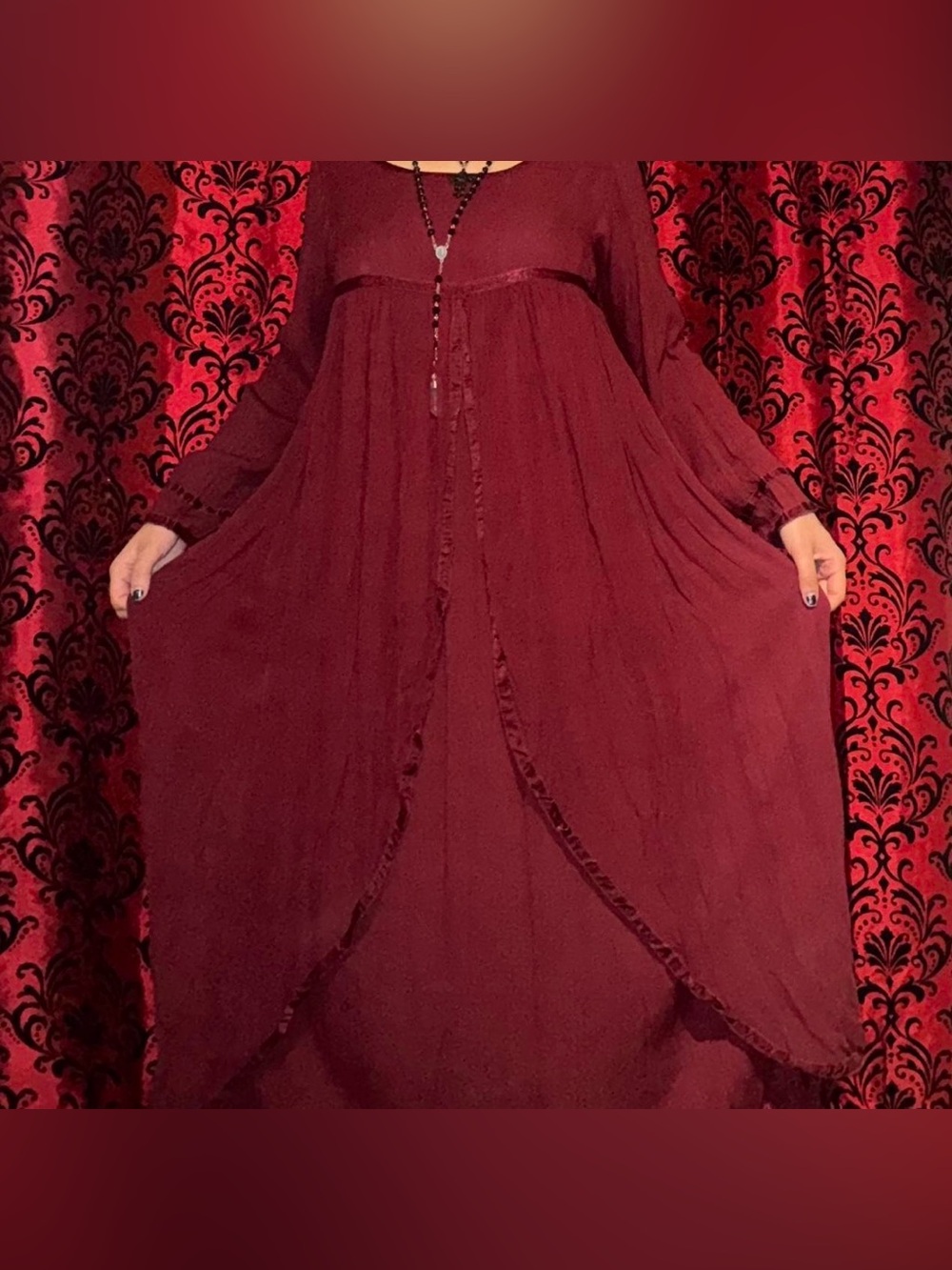 Whimsygoth Burgundy long sleeve empire waist rayon maxi dress by Funhouse